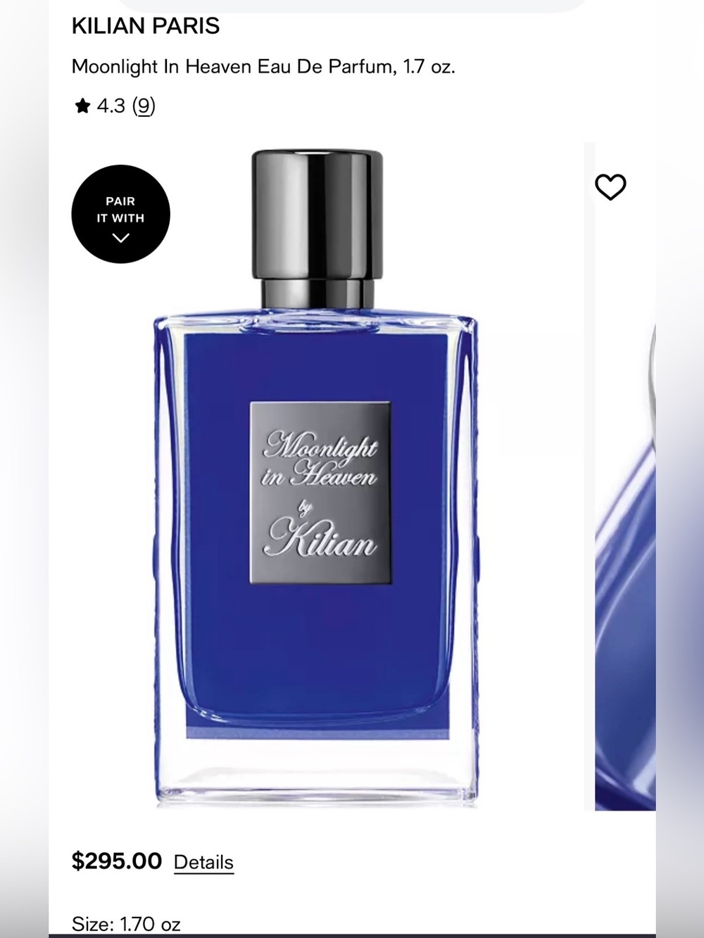 Kilian moonlight in heaven Fragrance Bottle Silver Cap this sells for $295 full